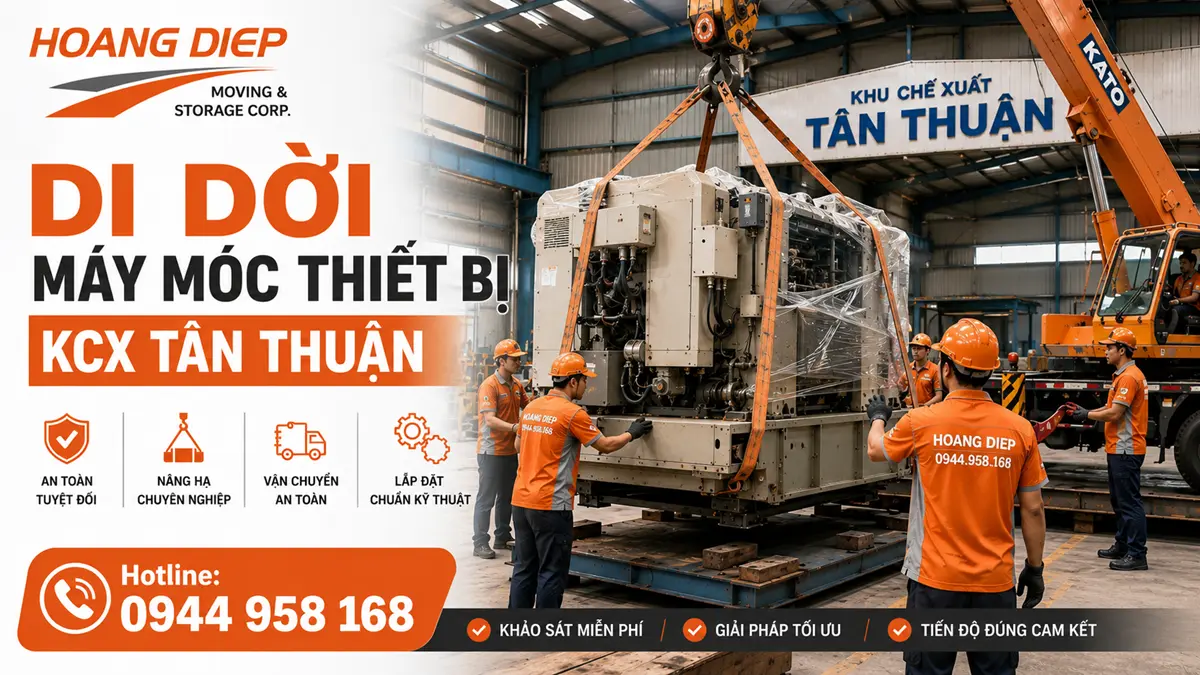 Hoàng Diệp nhận di dời máy móc thiết bị KCX Tân Thuận bằng xe cẩu, xe nâng, nhân công kỹ thuật và phương án nâng hạ phù hợp từng loại máy.