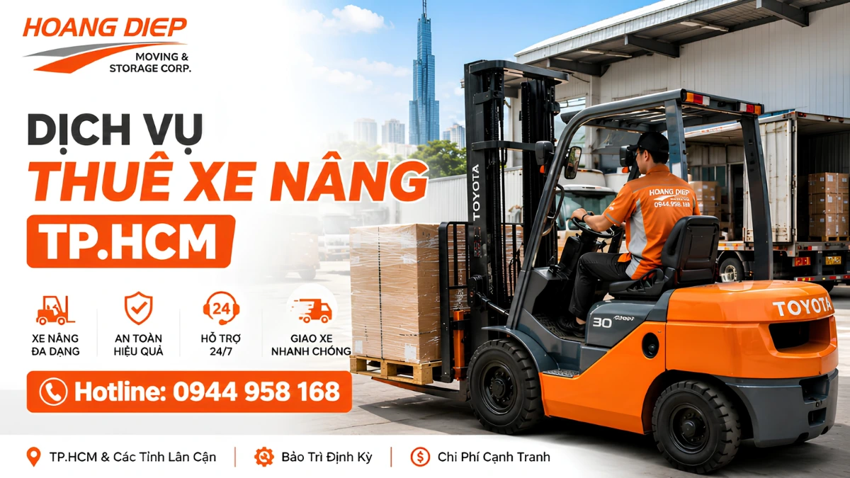 Hoàng Diệp cung cấp dịch vụ thuê xe nâng TPHCM phục vụ bốc dỡ pallet, hàng hóa và thiết bị tại kho xưởng.