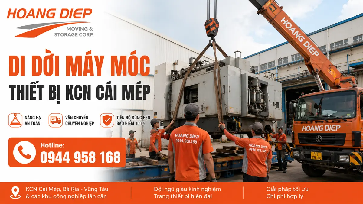 Dịch vụ di dời máy móc thiết bị KCN Cái Mép của Hoàng Diệp, hỗ trợ xe cẩu, xe nâng, nâng hạ, vận chuyển và lắp đặt máy công nghiệp an toàn.