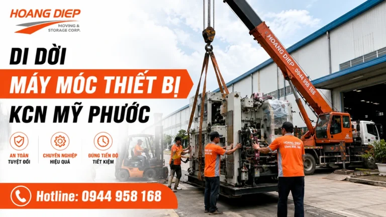Hoàng Diệp nhận di dời máy móc thiết bị KCN Mỹ Phước, hỗ trợ xe cẩu, xe nâng, nâng hạ máy công nghiệp và thi công an toàn, đúng tiến độ.