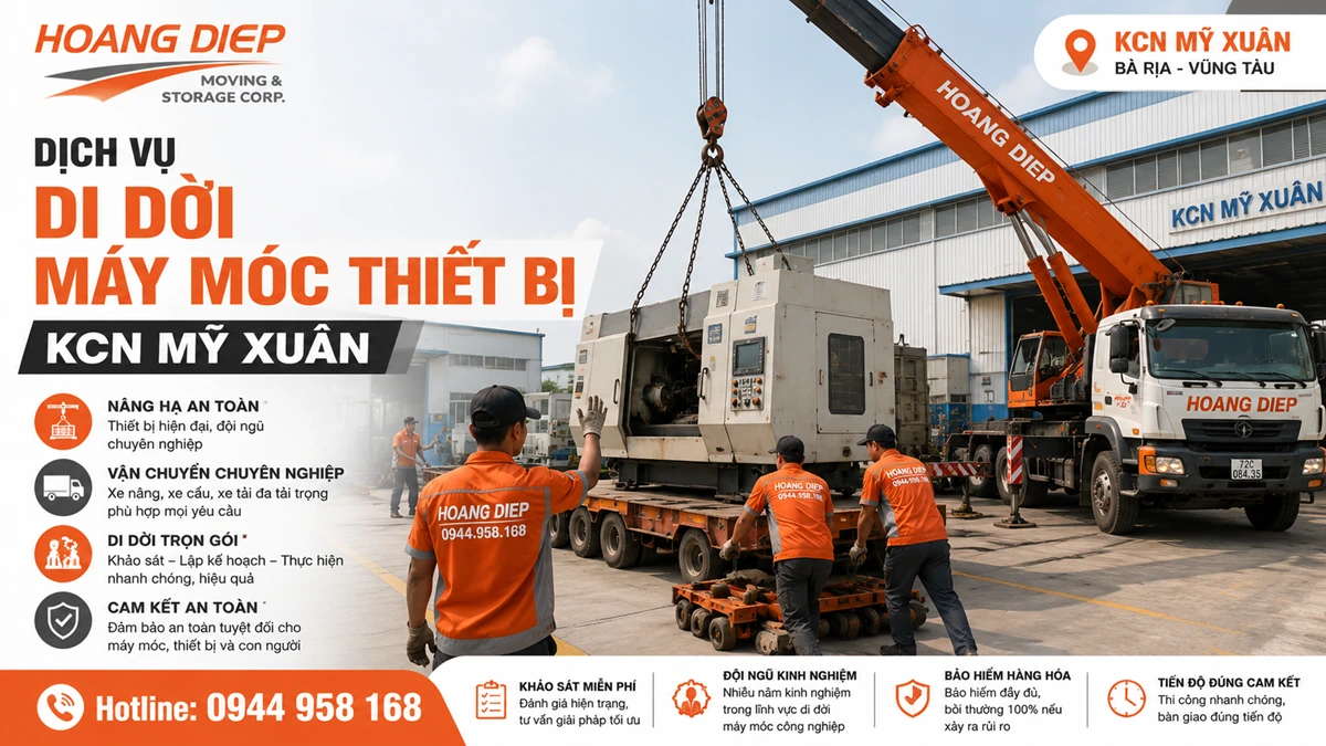 Dịch vụ di dời máy móc thiết bị KCN Mỹ Xuân của Hoàng Diệp, hỗ trợ xe cẩu, xe nâng, khảo sát, nâng hạ, vận chuyển và lắp đặt máy công nghiệp an toàn.