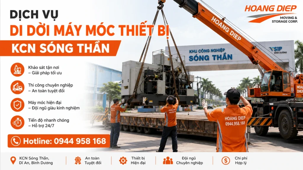 Dịch vụ di dời máy móc thiết bị KCN Sóng Thần bằng xe cẩu, hỗ trợ khảo sát, nâng hạ, vận chuyển và lắp đặt máy công nghiệp an toàn.
