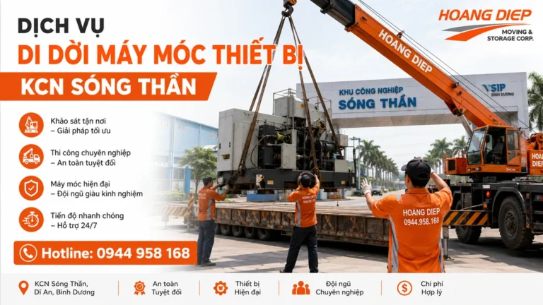 Dịch vụ di dời máy móc thiết bị KCN Sóng Thần bằng xe cẩu, hỗ trợ khảo sát, nâng hạ, vận chuyển và lắp đặt máy công nghiệp an toàn.