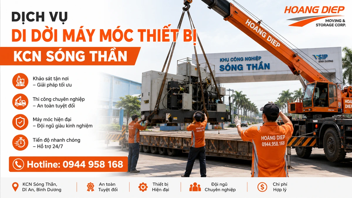 Dịch vụ di dời máy móc thiết bị KCN Sóng Thần bằng xe cẩu, hỗ trợ khảo sát, nâng hạ, vận chuyển và lắp đặt máy công nghiệp an toàn.