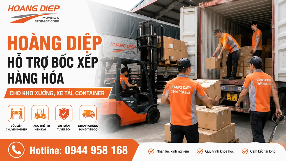Hoàng Diệp hỗ trợ bốc xếp hàng hóa cho kho xưởng, xe tải và container, kết hợp nhân công kinh nghiệm với xe nâng để xử lý hàng nhanh, an toàn và đúng tiến độ.