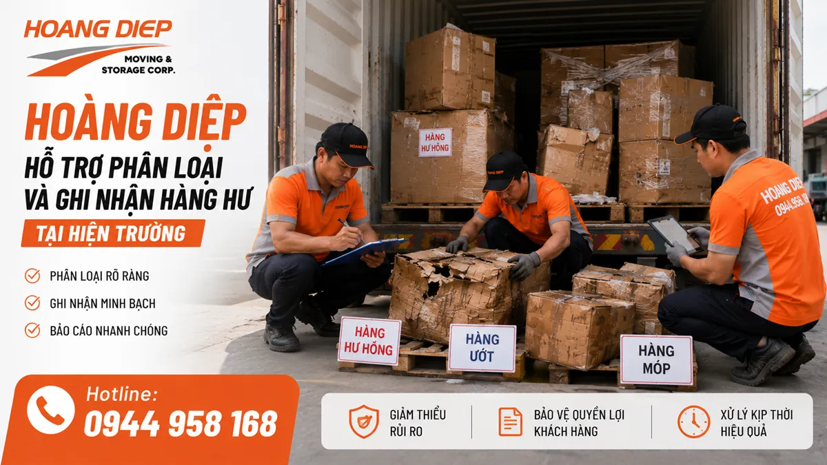 Hoàng Diệp hỗ trợ phân loại và ghi nhận hàng hư tại hiện trường