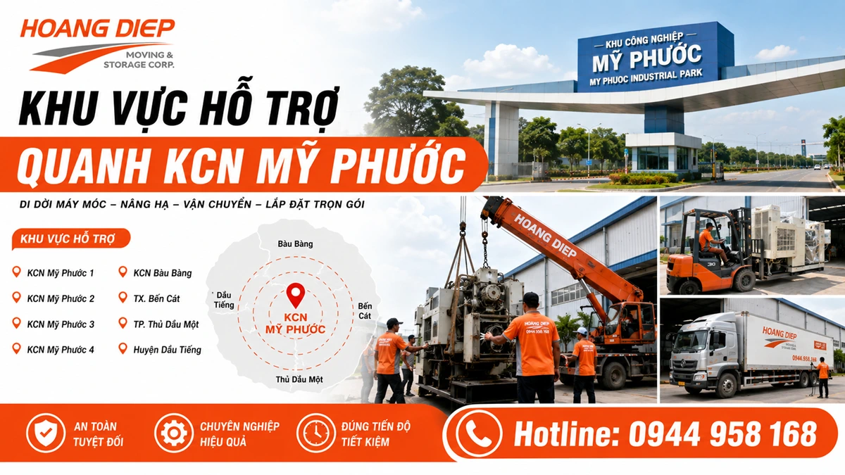 Hoàng Diệp hỗ trợ di dời máy móc thiết bị quanh KCN Mỹ Phước, nhận nâng hạ, vận chuyển, lắp đặt máy công nghiệp tại Mỹ Phước, Bàu Bàng, Bến Cát và khu vực lân cận.