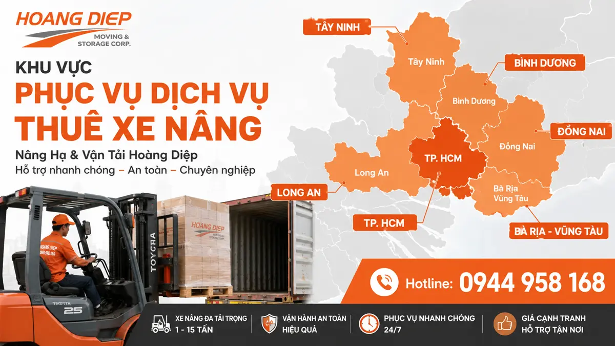 Nâng Hạ & Vận Tải Hoàng Diệp hỗ trợ dịch vụ thuê xe nâng tại TP.HCM và các tỉnh lân cận như Bình Dương, Đồng Nai, Tây Ninh, Long An, Bà Rịa - Vũng Tàu