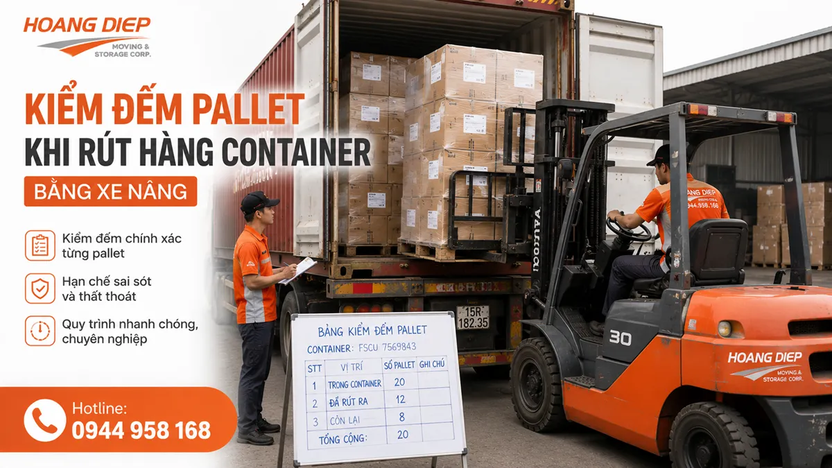 kiểm đếm pallet khi rút hàng container bằng xe nâng