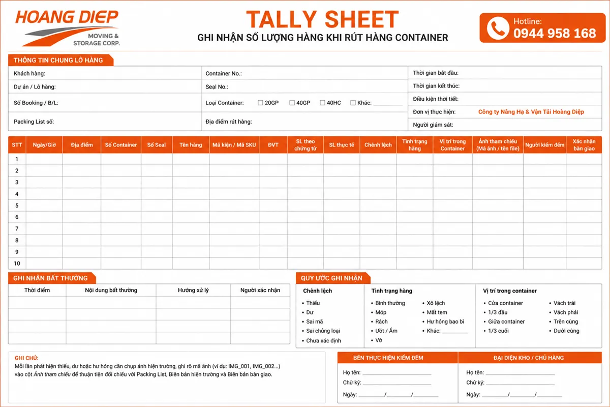 mẫu tally sheet ghi nhận số lượng hàng container