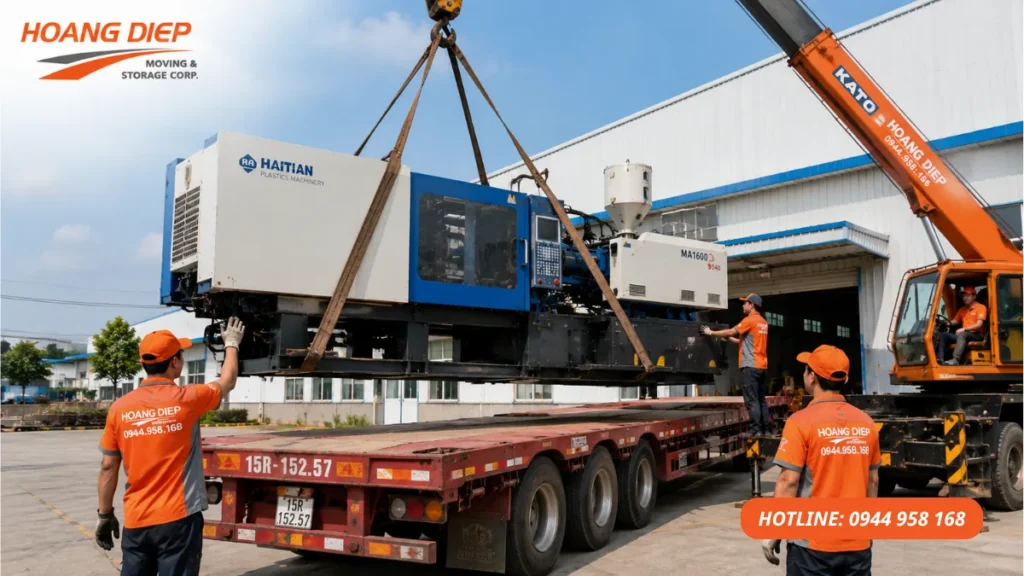 Xe cẩu nâng hạ máy móc thiết bị lên xe tải, phù hợp với thiết bị công nghiệp nặng cần vận chuyển hoặc di dời nhà xưởng.
