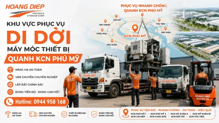Hoàng Diệp phục vụ di dời máy móc quanh khu vực KCN Phú Mỹ, hỗ trợ khảo sát, nâng hạ, vận chuyển và kê đặt thiết bị công nghiệp an toàn.
