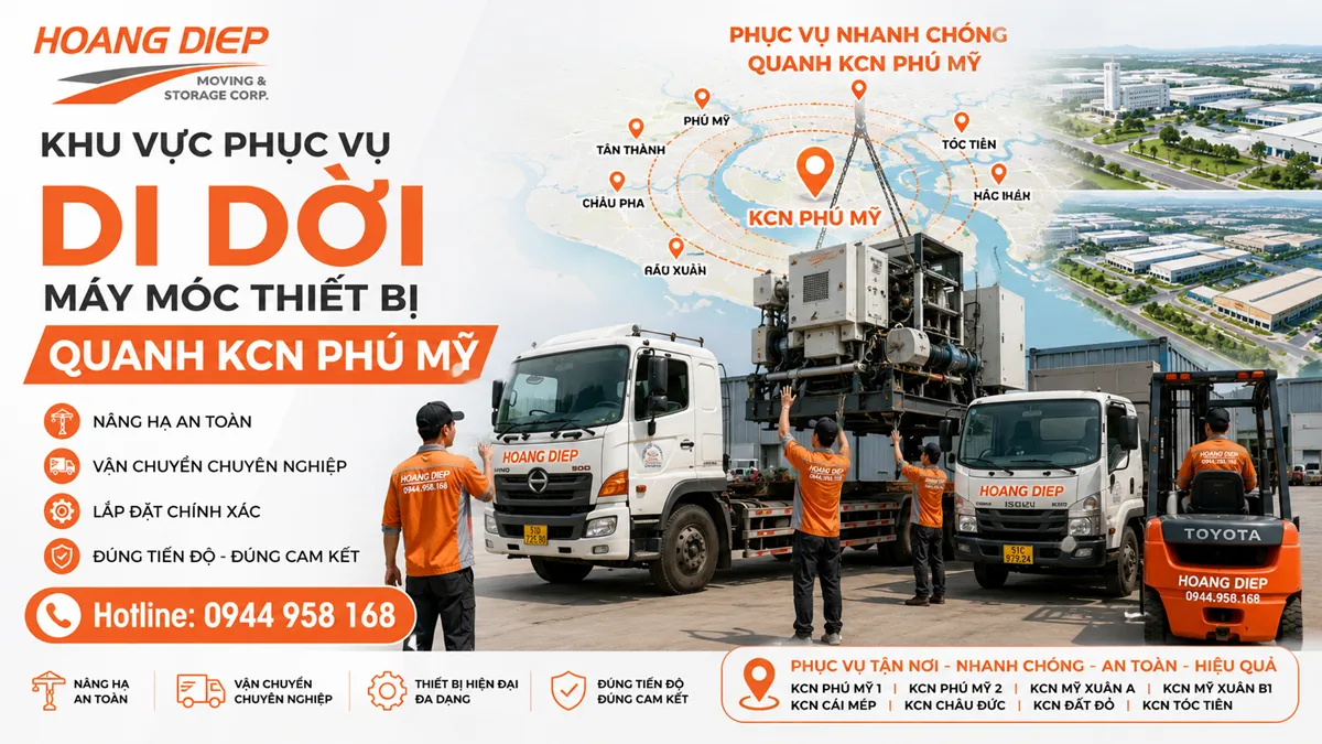 Hoàng Diệp phục vụ di dời máy móc quanh khu vực KCN Phú Mỹ, hỗ trợ khảo sát, nâng hạ, vận chuyển và kê đặt thiết bị công nghiệp an toàn.