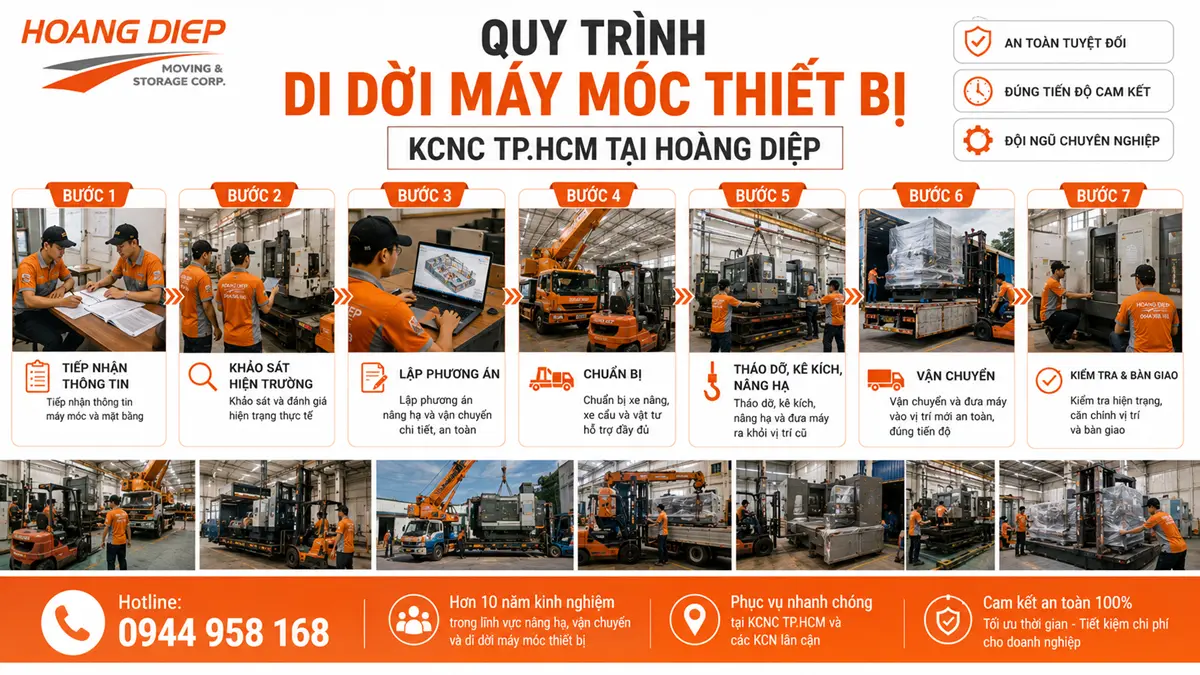 Quy trình di dời máy móc thiết bị tại KCNC TP.HCM gồm khảo sát hiện trường, lập phương án nâng hạ, tháo dỡ, cẩu máy, vận chuyển, lắp đặt và bàn giao.