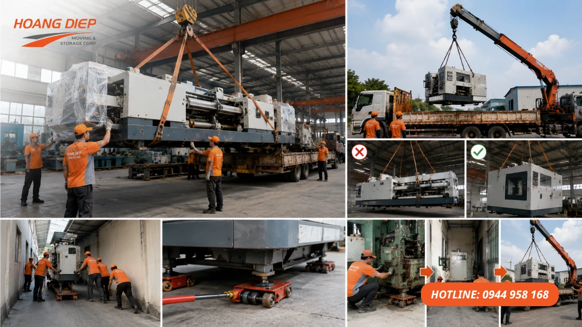 Quy trình Hoàng Diệp di dời máy móc thiết bị bằng xe cẩu, rùa đẩy và kích thủy lực, hỗ trợ nâng hạ, vận chuyển, kê đặt máy công nghiệp an toàn.