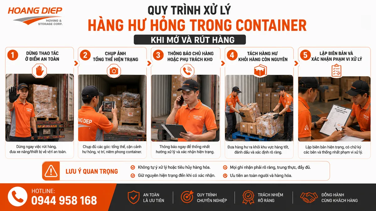 quy trình xử lý hàng hư hỏng trong container khi mở và rút hàng