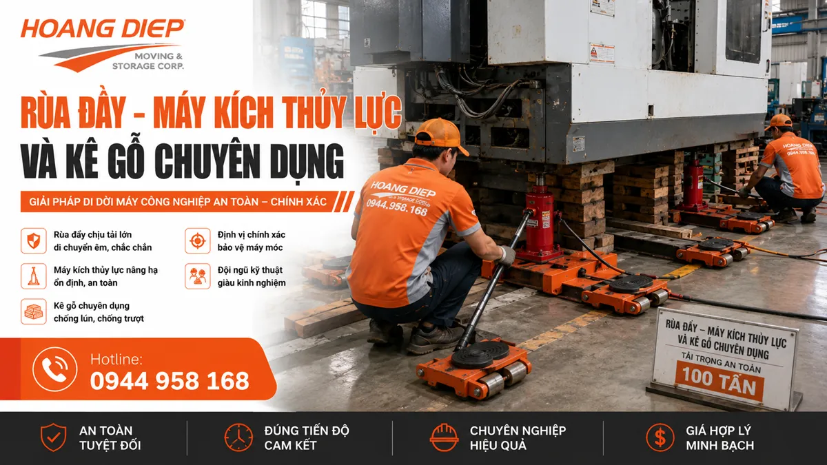 Rùa đẩy máy kích thủy lực và kê gỗ dùng khi di dời máy công nghiệp