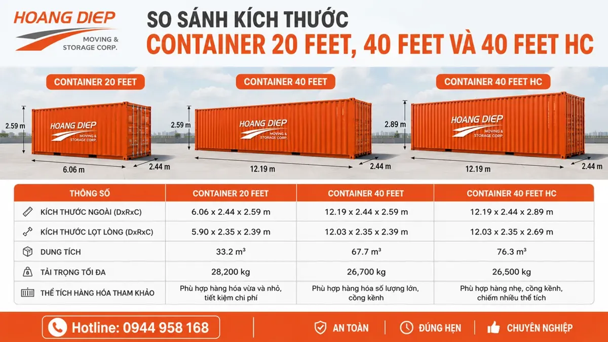 so sánh kích thước container 20 feet 40 feet và 40 feet HC