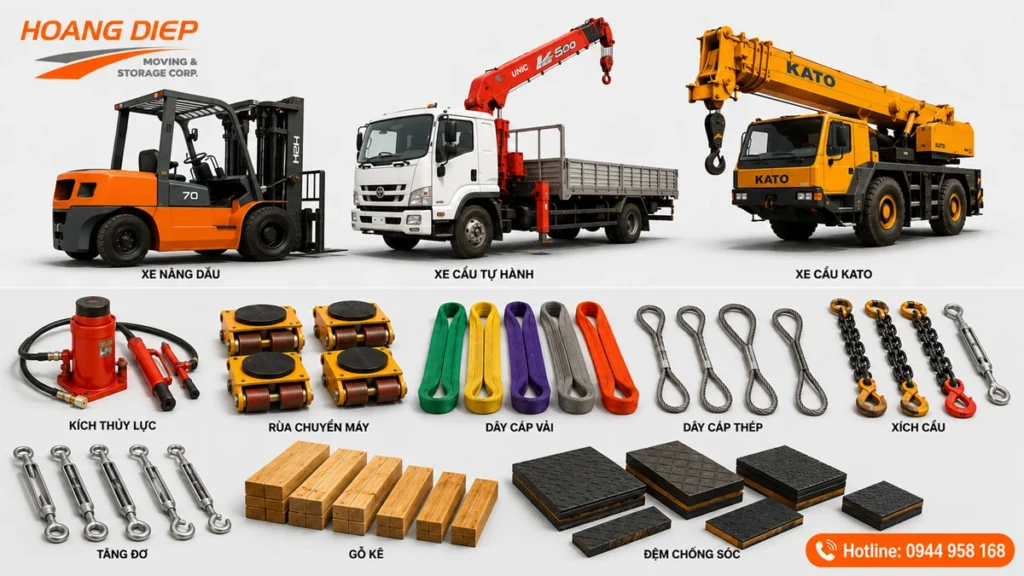 Hoàng Diệp sử dụng xe nâng, xe cẩu, kích thủy lực, rùa chuyển máy, dây cáp, xích cẩu, tăng đơ, gỗ kê và đệm chống sốc để di dời máy móc thiết bị an toàn.