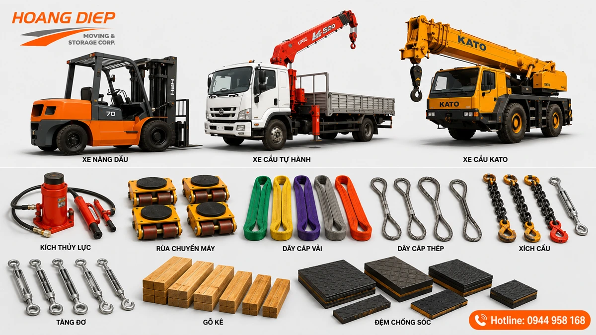 Hoàng Diệp sử dụng xe nâng, xe cẩu, kích thủy lực, rùa chuyển máy, dây cáp, xích cẩu, tăng đơ, gỗ kê và đệm chống sốc để di dời máy móc thiết bị an toàn.