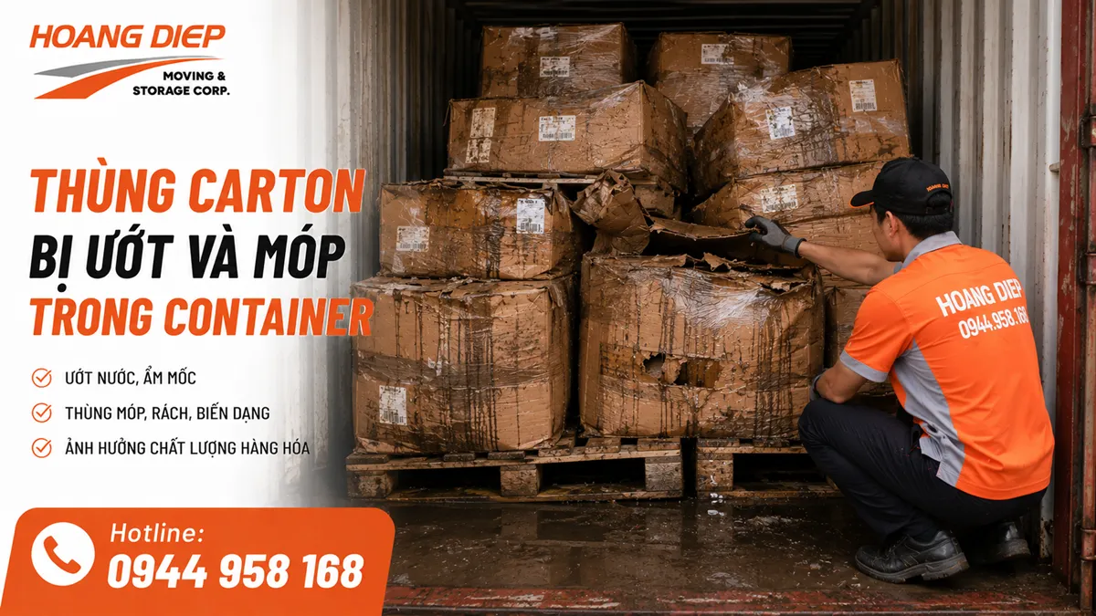 Thùng carton bị ướt và móp trong container