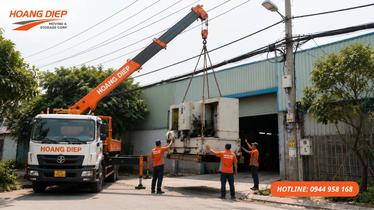 Xe cẩu Hoàng Diệp di dời máy móc thiết bị nặng tại nhà xưởng, hỗ trợ cẩu hạ máy công nghiệp, vận chuyển và đưa thiết bị vào vị trí an toàn.