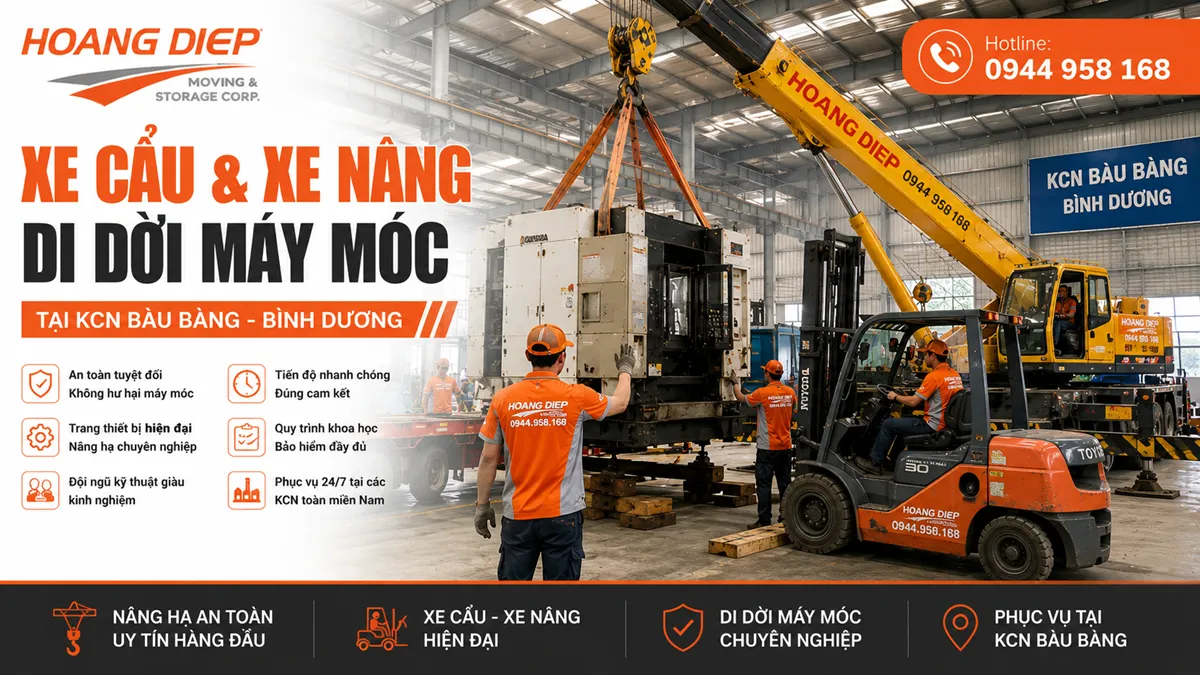 Xe cẩu và xe nâng di dời máy móc tại KCN Bàu Bàng