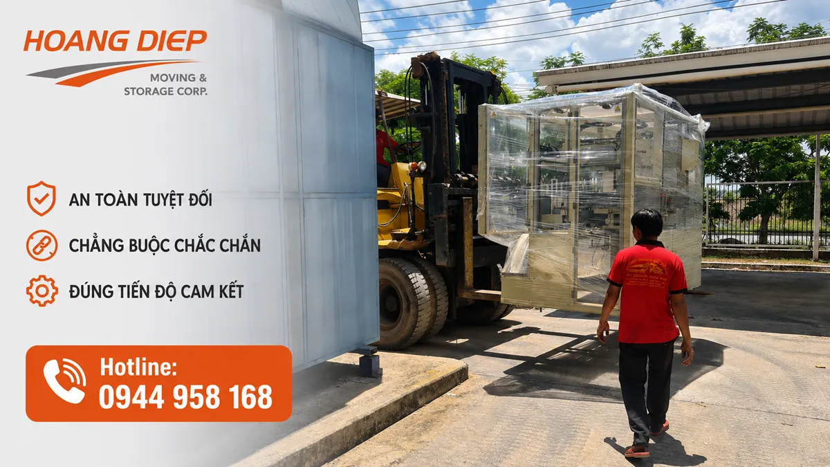 Xe nâng đưa máy CNC vào vị trí trong nhà xưởng