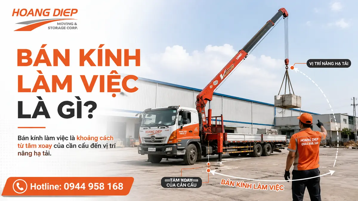 Bán kính làm việc của xe cẩu Hoàng Diệp, khoảng cách từ tâm xoay cần cẩu đến vị trí nâng hạ tải để xác định cấu hình và khả năng nâng phù hợp