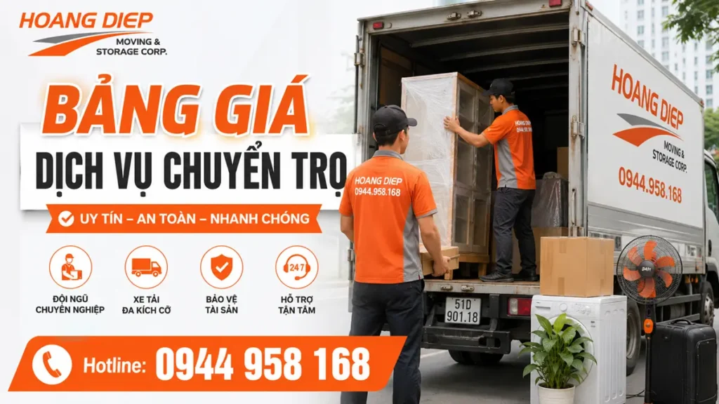 Hình ảnh bảng giá dịch vụ chuyển trọ của Nâng Hạ & Vận Tải Hoàng Diệp tại TP.HCM, hỗ trợ khách hàng tham khảo chi phí trước khi lựa chọn xe tải, nhân công và phương án chuyển trọ phù hợp.