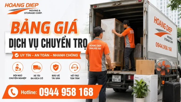 Hình ảnh bảng giá dịch vụ chuyển trọ của Nâng Hạ & Vận Tải Hoàng Diệp tại TP.HCM, hỗ trợ khách hàng tham khảo chi phí trước khi lựa chọn xe tải, nhân công và phương án chuyển trọ phù hợp.