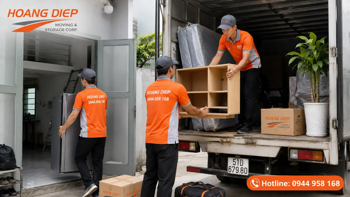 Hình ảnh đội ngũ Nâng Hạ & Vận Tải Hoàng Diệp thực hiện bốc xếp đồ đạc, thiết bị gia dụng lên xe tải khi chuyển trọ tại TP.HCM. Công việc bốc xếp, số lượng nhân công và điều kiện vận chuyển là những yếu tố có thể ảnh hưởng đến chi phí chuyển trọ.