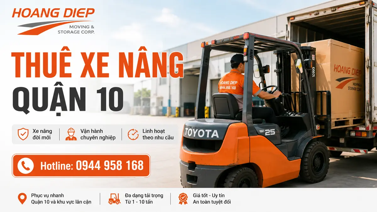 Thuê xe nâng Quận 10 của Hoàng Diệp phục vụ nâng hạ hàng hóa, pallet và máy móc, đa dạng tải trọng, linh hoạt theo nhu cầu.