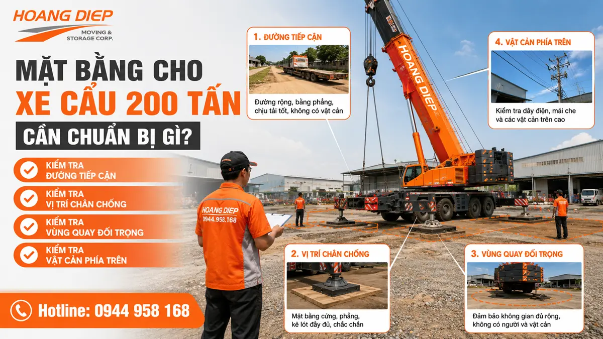 Mặt bằng cho xe cẩu 200 tấn cần được kiểm tra trước khi thi công, gồm đường tiếp cận, vị trí chân chống, vùng quay đối trọng và vật cản phía trên để bảo đảm đủ không gian triển khai thiết bị.