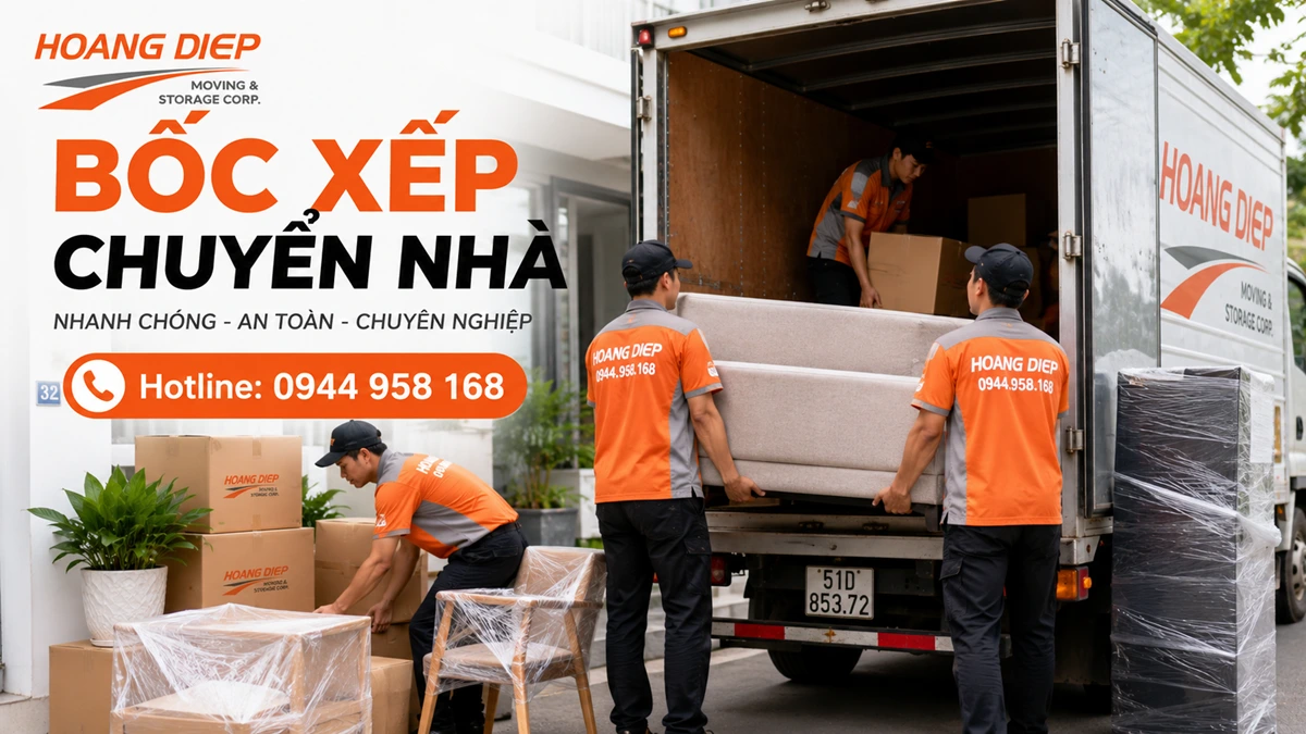 Dịch vụ bốc xếp chuyển nhà uy tín tại TP.HCM của Hoàng Diệp, hỗ trợ nhân công khiêng đồ, bốc dỡ và vận chuyển đồ gia đình an toàn.