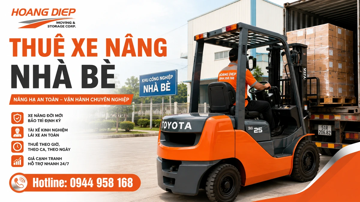 Dịch vụ thuê xe nâng Nhà Bè của Hoàng Diệp phục vụ bốc dỡ pallet, hàng xe tải, container và máy móc, có tài xế, hỗ trợ báo giá nhanh.
