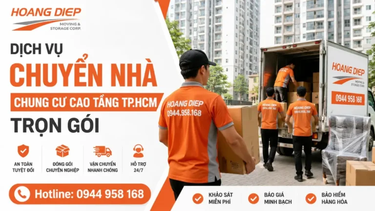 Nhân viên Hoàng Diệp vận chuyển đồ lên xe tải khi chuyển nhà chung cư cao tầng tại TP.HCM