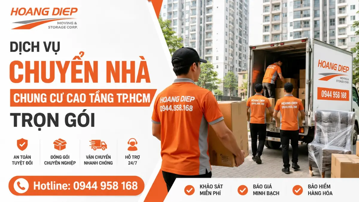 Nhân viên Hoàng Diệp vận chuyển đồ lên xe tải khi chuyển nhà chung cư cao tầng tại TP.HCM