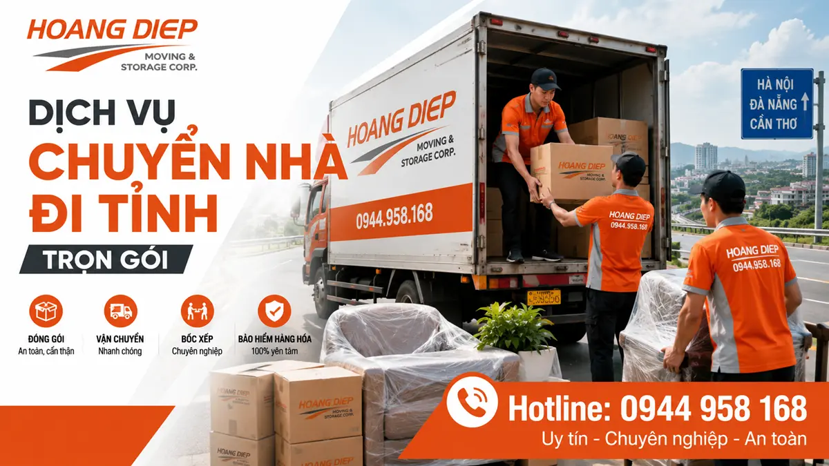 Dịch vụ chuyển nhà đi tỉnh trọn gói của Hoàng Diệp, hỗ trợ đóng gói, bốc xếp và vận chuyển đồ gia đình từ TP.HCM đến các tỉnh