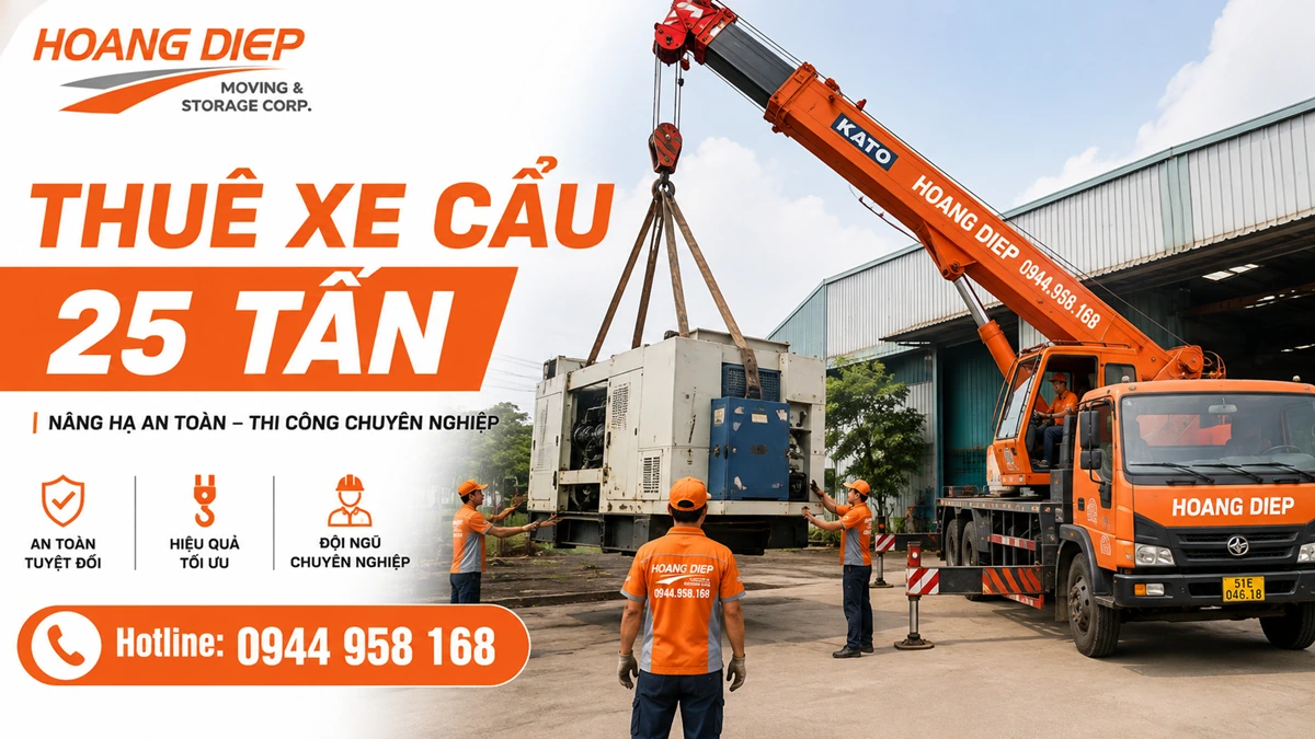 Xe cẩu 25 tấn Hoàng Diệp đang nâng hạ máy móc công nghiệp tại nhà xưởng, phục vụ dịch vụ thuê xe cẩu 25 tấn tại TP.HCM và khu vực lân cận.
