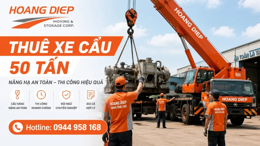 Xe cẩu 50 tấn Hoàng Diệp thực hiện nâng hạ máy móc, thiết bị công nghiệp tại công trình với đội ngũ vận hành chuyên nghiệp