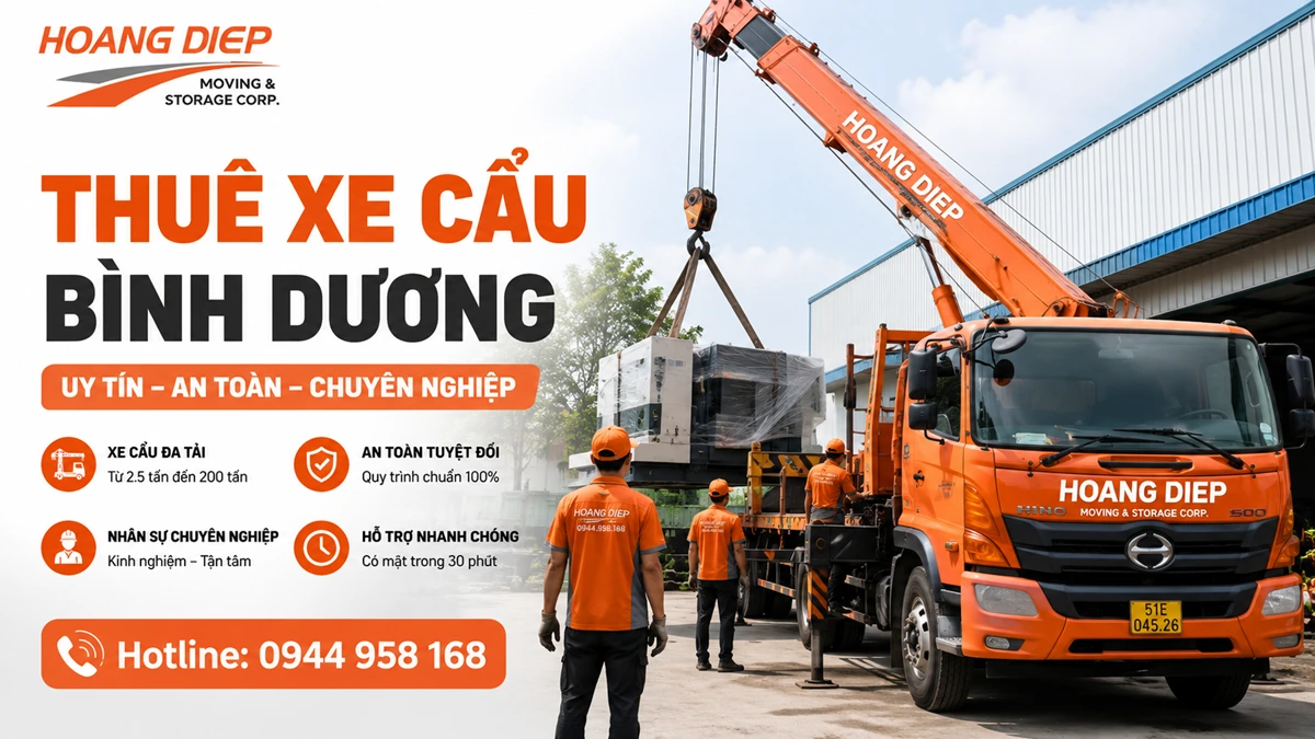 Xe cẩu Hoàng Diệp đang nâng hạ máy móc tại nhà xưởng, minh họa dịch vụ thuê xe cẩu Bình Dương cho hàng nặng, máy móc và thiết bị công nghiệp.