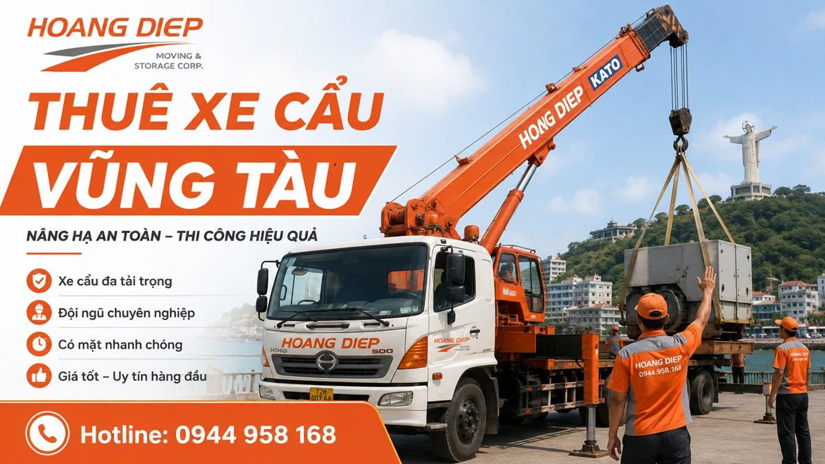 Dịch vụ thuê xe cẩu Vũng Tàu của Hoàng Diệp phục vụ cẩu hạ máy móc, thiết bị công nghiệp và hàng nặng tại công trình, nhà xưởng, kho bãi.