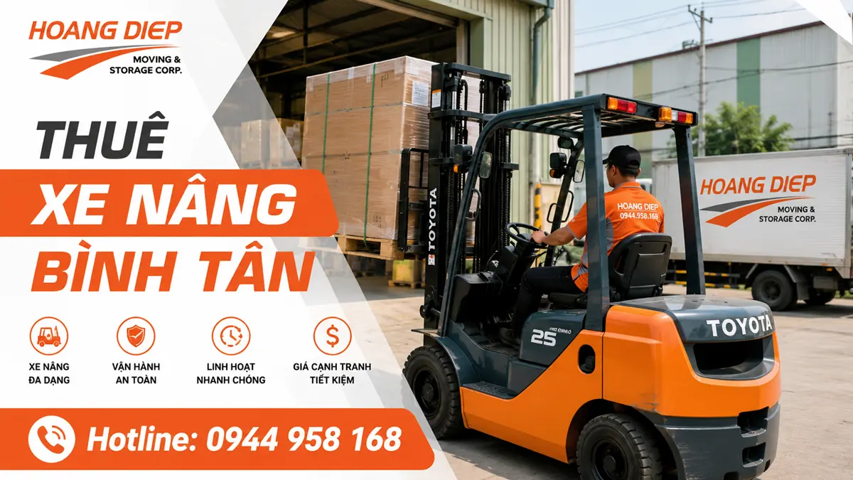 Dịch vụ thuê xe nâng Bình Tân của Hoàng Diệp phục vụ nâng hạ pallet, hàng hóa, máy móc và bốc dỡ tại kho xưởng, có tài xế vận hành