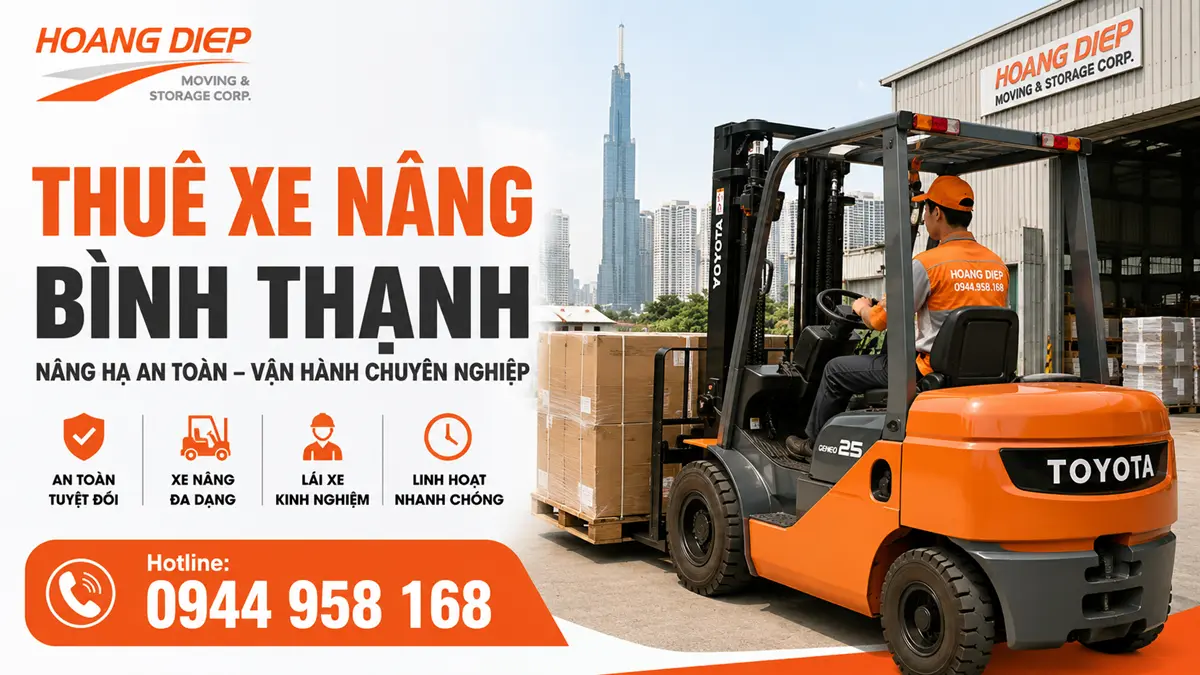 Dịch vụ thuê xe nâng Bình Thạnh của Hoàng Diệp phục vụ nâng hạ hàng hóa, pallet và máy móc với xe nâng đa dạng, tài xế kinh nghiệm, vận hành linh hoạt. Hotline 0944 958 168