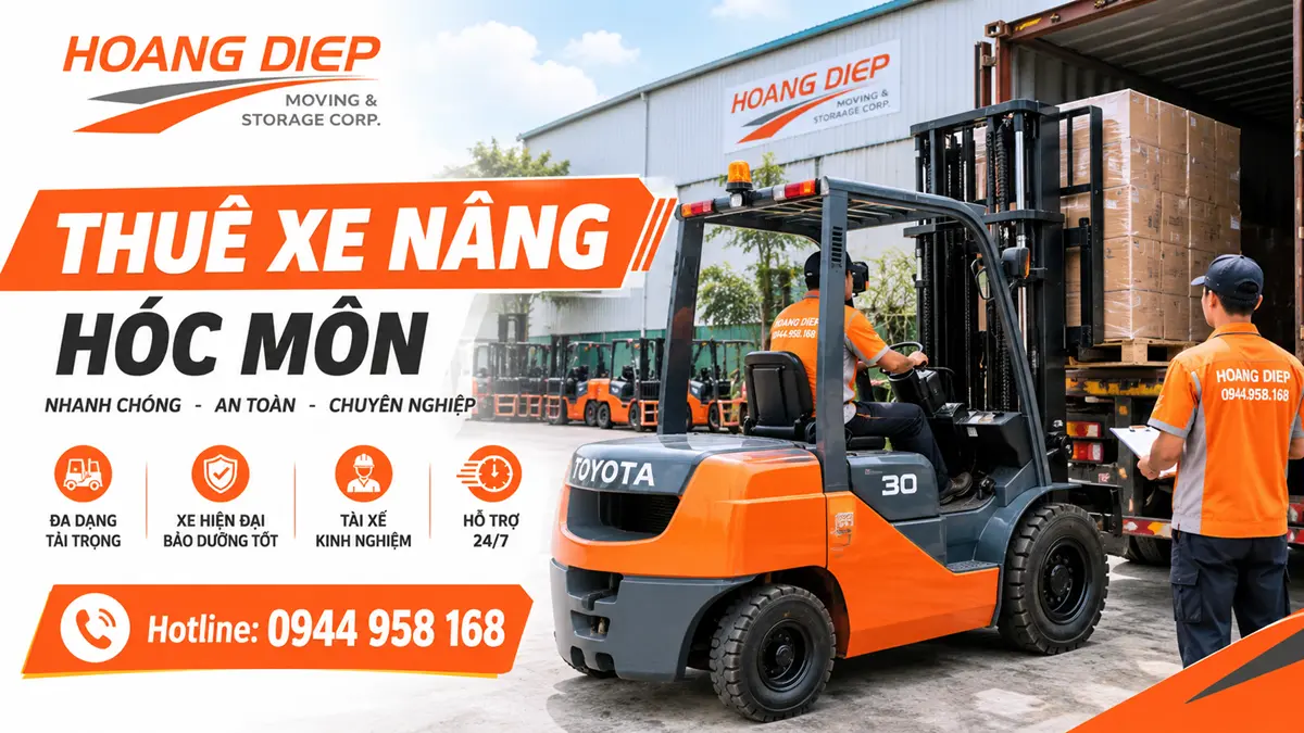 Dịch vụ thuê xe nâng Hóc Môn của Hoàng Diệp phục vụ nâng hạ hàng hóa, bốc dỡ pallet, xe tải và container tại kho xưởng theo nhu cầu thực tế