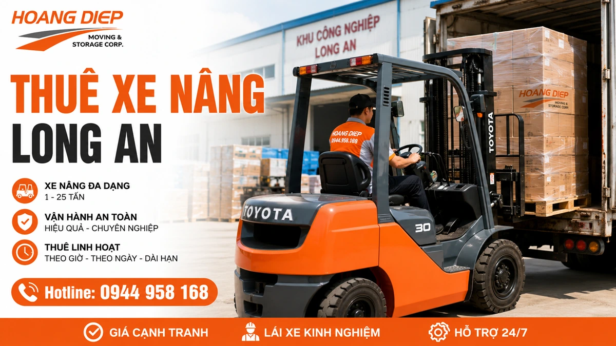 Dịch vụ thuê xe nâng Long An của Nâng Hạ & Vận Tải Hoàng Diệp, hỗ trợ nâng hạ pallet, bốc dỡ hàng xe tải và hàng hóa tại kho xưởng.