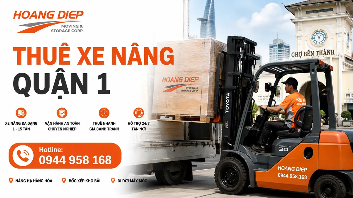 Dịch vụ thuê xe nâng Quận 1 của Nâng Hạ & Vận Tải Hoàng Diệp phục vụ nâng hạ hàng hóa, bốc xếp kho bãi và di dời máy móc với xe nâng phù hợp tải trọng, có tài xế vận hành và hỗ trợ theo điều kiện hiện trường tại khu vực trung tâm TP.HCM