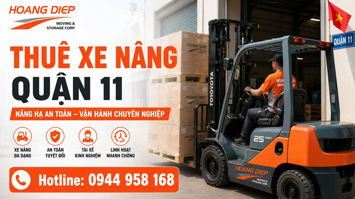 Dịch vụ thuê xe nâng Quận 11 của Hoàng Diệp phục vụ nâng hạ pallet, hàng hóa và máy móc, vận hành an toàn, linh hoạt. Hotline 0944 958 168 - 0922 000 600