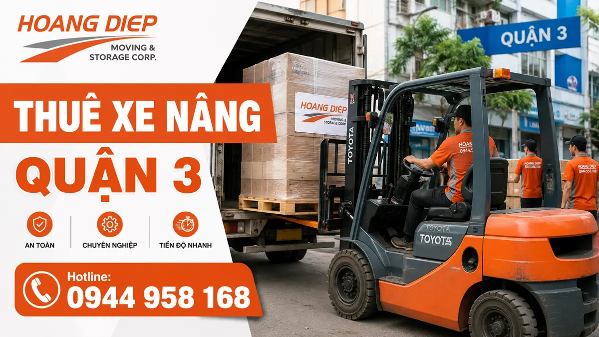 Dịch vụ thuê xe nâng Quận 3 của Nâng Hạ & Vận Tải Hoàng Diệp hỗ trợ nâng hạ, bốc dỡ pallet và hàng hóa từ xe tải bằng xe nâng chuyên dụng